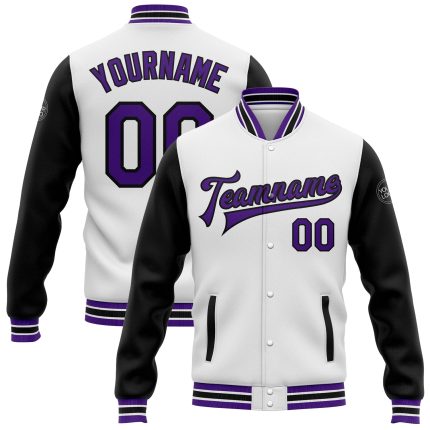 Personalized Two Tone Varsity Letterman Bomber Jacket in White Purple Black Full-Snap Personalized White Purple-Black Bomber