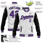 Personalized Two Tone Varsity Letterman Bomber Jacket in White Purple Black Full-Snap Personalized White Purple-Black Bomber