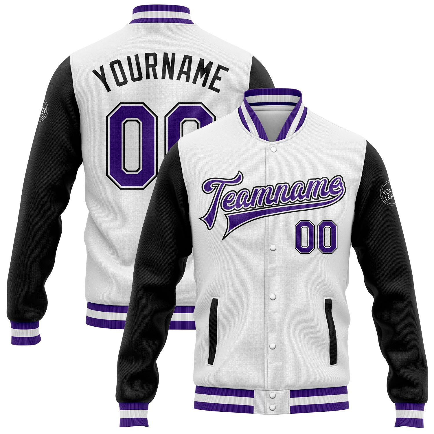 Custom Name Number Two Tone Bomber Jacket White Purple Black Full-Snap Varsity Letterman Personalized White Purple-Black