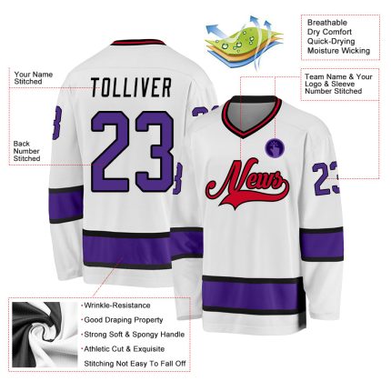 Custom Name and Number Hockey Jersey - Personalized White Purple Black Team Apparel Personalized White Purple-Black Hockey