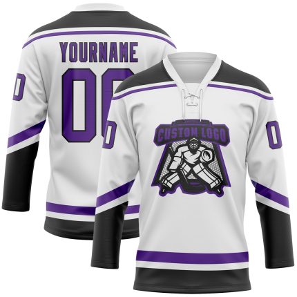 Custom Name and Number Personalized White Purple Black Hockey Jersey - Lace Neck Team Jersey Personalized White Purple-Black