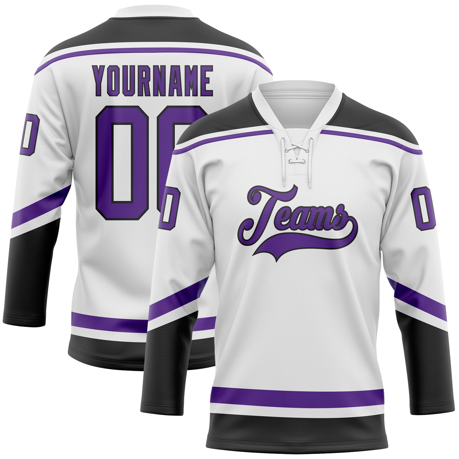 Custom Name and Number Personalized White Purple Black Hockey Jersey - Lace Neck Team Jersey Personalized White Purple-Black
