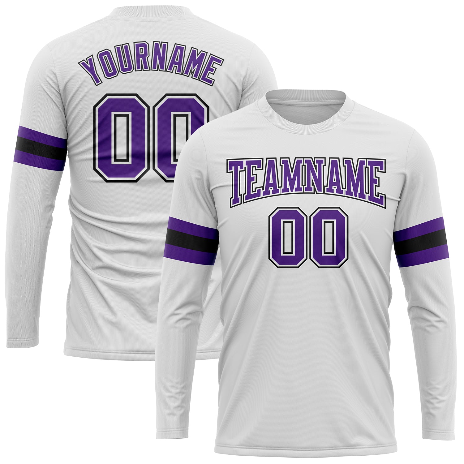 Custom Name and Number Long Sleeve Performance T-Shirt for Team - Personalized White Purple-Black Color Personalized White
