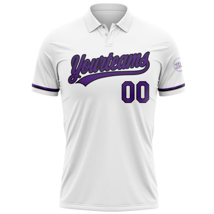 Custom Performance Vapor Golf Polo Shirt with Name and Number - Personalized White Purple-Black Design Personalized White