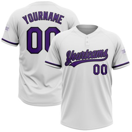 Custom Two-Button Unisex Softball Jersey in White, Purple, and Black Personalized White Purple-Black Two-Button Unisex Softball