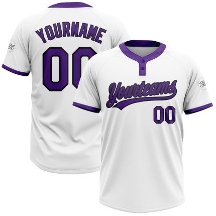 Custom Name and Number Personalized Unisex Softball Jersey in White Purple-Black Two-Button Design Personalized White Purple-Black