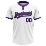 Custom Name and Number Personalized Unisex Softball Jersey in White Purple-Black Two-Button Design Personalized White Purple-Black