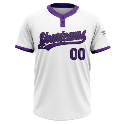 Custom Name and Number Personalized Unisex Softball Jersey in White Purple-Black Two-Button Design Personalized White Purple-Black