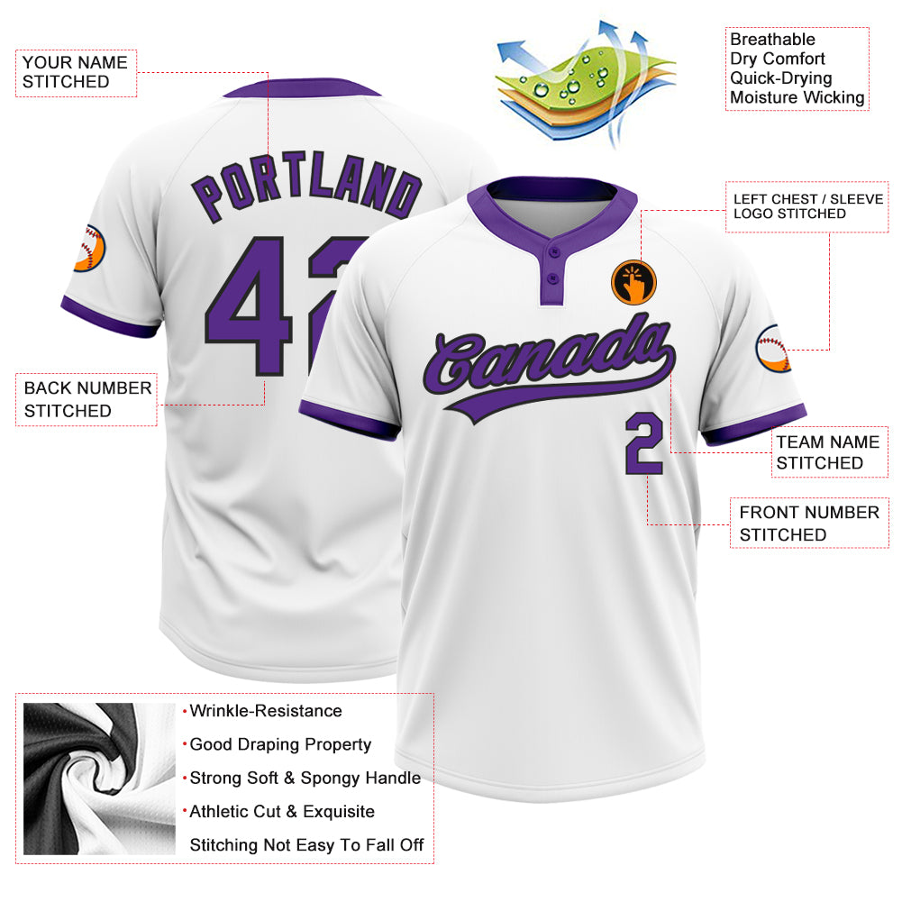 Personalized White Purple-Black Two-Button Unisex Softball Jersey Team Custom Name and Number Custom Name and Number Personalized Unisex Softball Jersey in White Purple-Black Two-Button Design Personalized White Purple-Black - Image 3