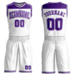 Personalized Basketball Jersey Sublimation Suit in White Purple Color Block - Round Neck Design Personalized White Purple