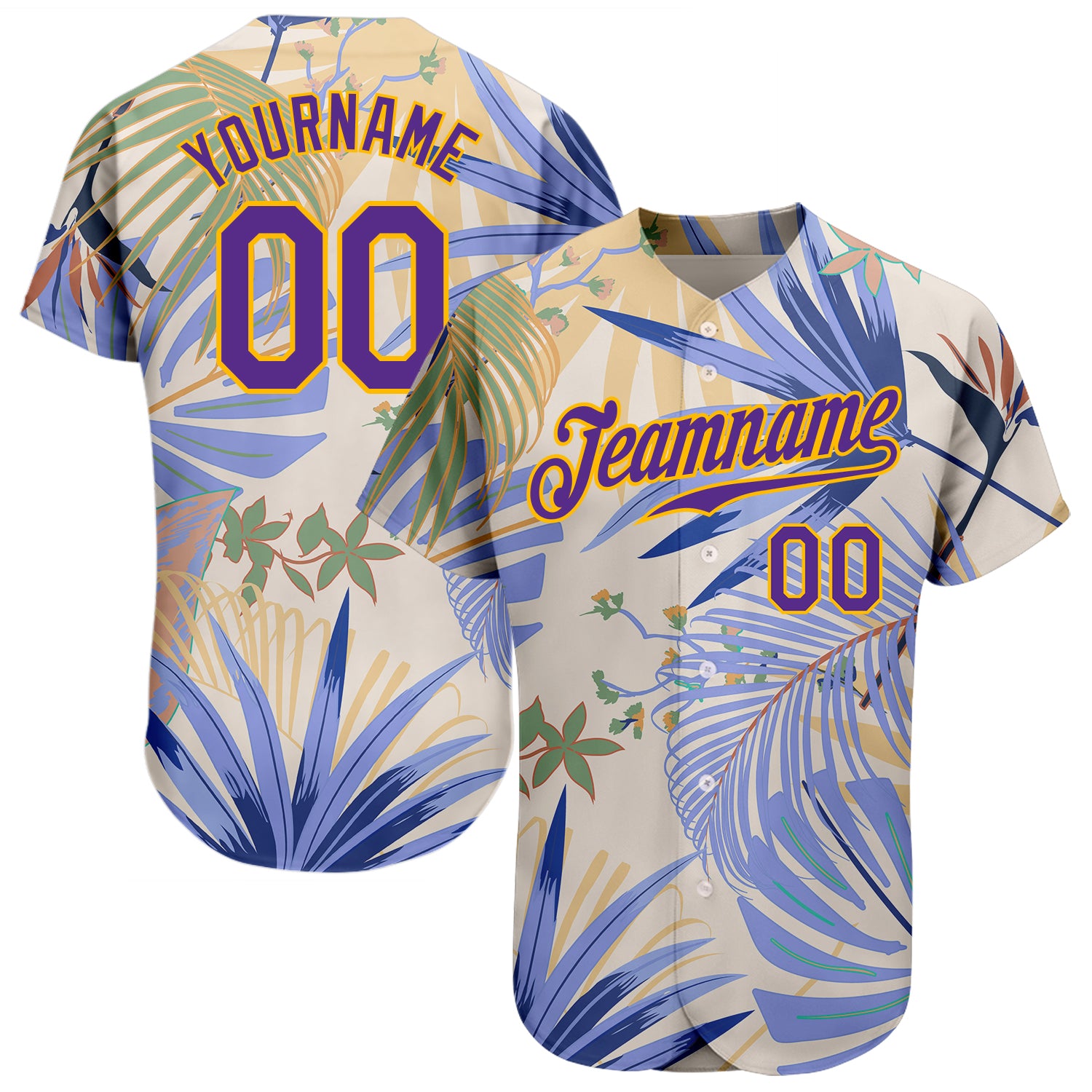 Custom Name and Number Baseball Jersey with Hawaii Palm Leaves, White Purple-Gold 3D Design Personalized White Purple-Gold