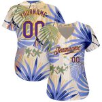 Custom Name and Number Baseball Jersey with Hawaii Palm Leaves, White Purple-Gold 3D Design Personalized White Purple-Gold