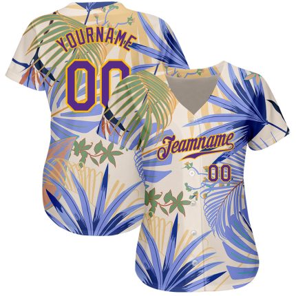 Custom Name and Number Baseball Jersey with Hawaii Palm Leaves, White Purple-Gold 3D Design Personalized White Purple-Gold