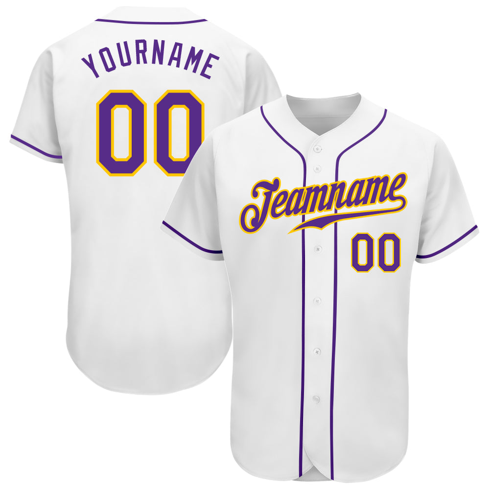 Customizable White Purple Gold Baseball Jersey - Authentic Sports Apparel Personalized White Purple-Gold Authentic Baseball