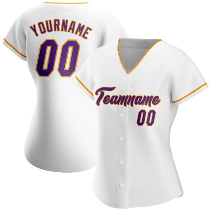Custom Name and Number Baseball Jersey | Personalized White Purple-Gold Authentic Team Jersey Personalized White Purple-Gold