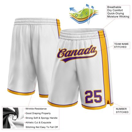Custom Team Basketball Shorts with Name and Number - Personalized White Purple-Gold Authentic Design Personalized White Purple-Gold