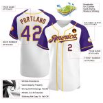Custom Name and Number Personalized Baseball Jersey - Authentic White Purple Gold Raglan Sleeves Personalized White Purple-Gold