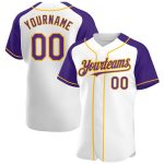 Custom Name and Number Personalized Baseball Jersey - Authentic White Purple Gold Raglan Sleeves Personalized White Purple-Gold