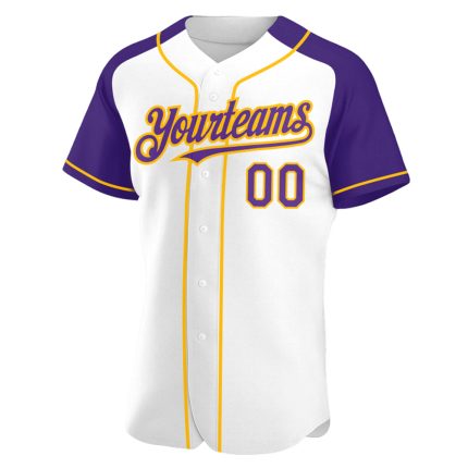 Custom Name and Number Personalized Baseball Jersey - Authentic White Purple Gold Raglan Sleeves Personalized White Purple-Gold