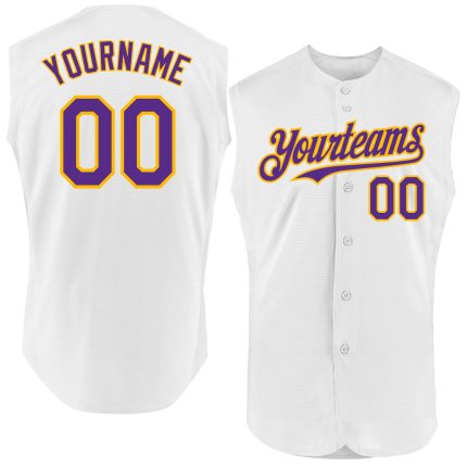 Personalized Authentic Sleeveless Baseball Jersey in White Purple Gold Personalized White Purple-Gold Authentic Sleeveless