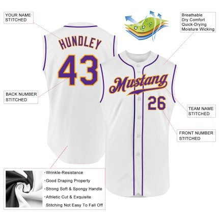 Custom Name Number Personalized Sleeveless Baseball Jersey White Purple Gold Authentic Team Gear Personalized White Purple-Gold