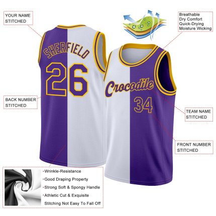 Custom Name Number Basketball Jersey - Personalized Authentic Split Design in White Purple Gold Personalized White Purple-Gold