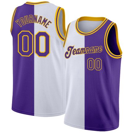 Custom Name Number Basketball Jersey - Personalized Authentic Split Design in White Purple Gold Personalized White Purple-Gold