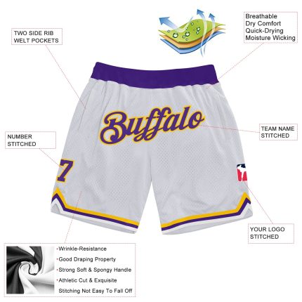 Personalized Basketball Shorts Authentic Throwback - White Purple Gold Personalized White Purple-Gold Authentic Throwback
