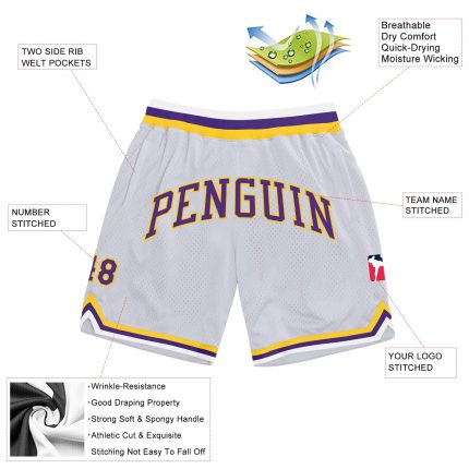 Custom Personalized Basketball Shorts with Team Name and Number - White Purple-Gold Authentic Throwback Design Personalized