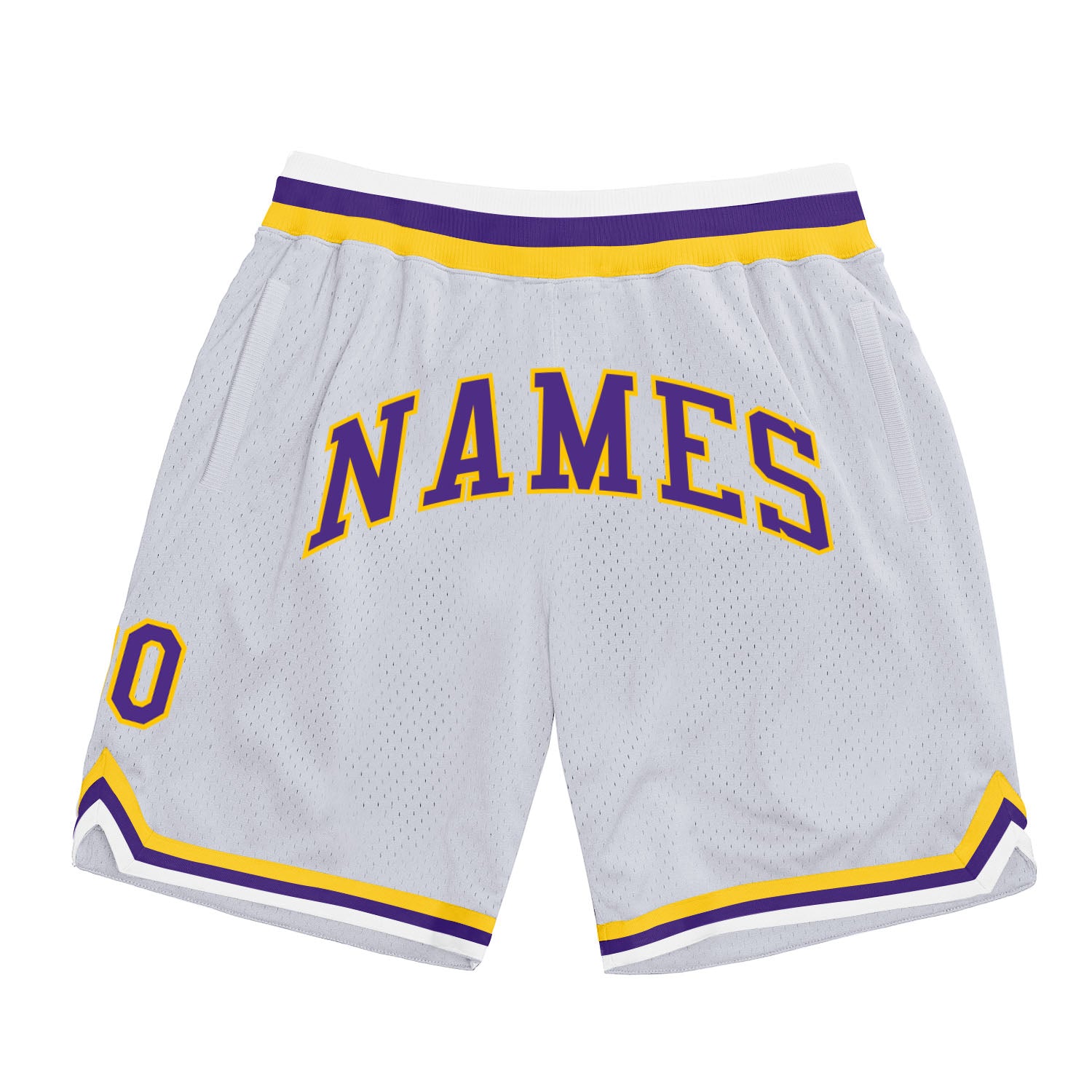 Custom Personalized Basketball Shorts with Team Name and Number - White Purple-Gold Authentic Throwback Design Personalized