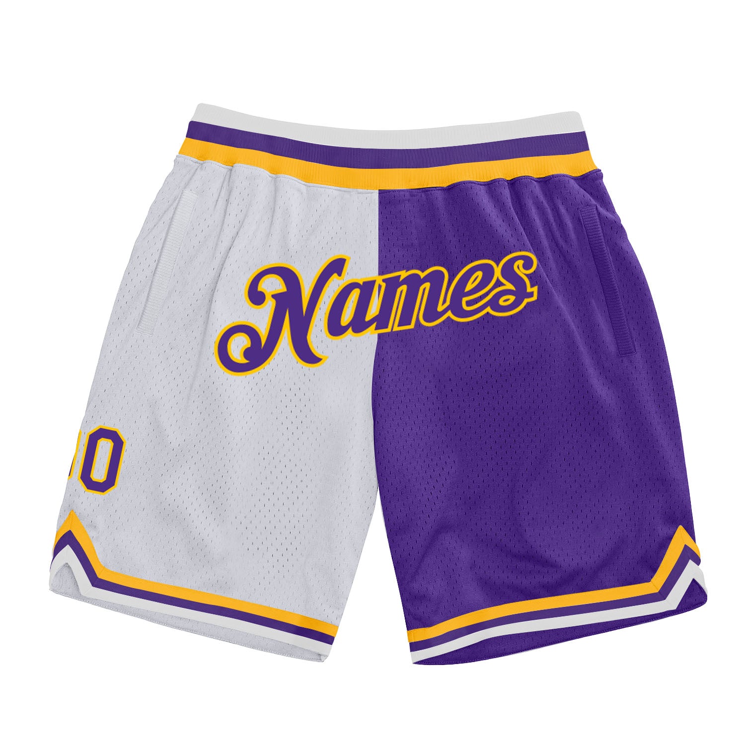 Custom Personalized Basketball Shorts with Name and Number - White Purple Gold Throwback Split Style Personalized White Purple-Gold
