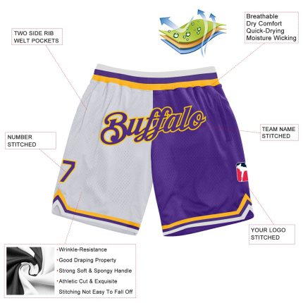 Custom Personalized Basketball Shorts with Name and Number - White Purple Gold Throwback Split Style Personalized White Purple-Gold