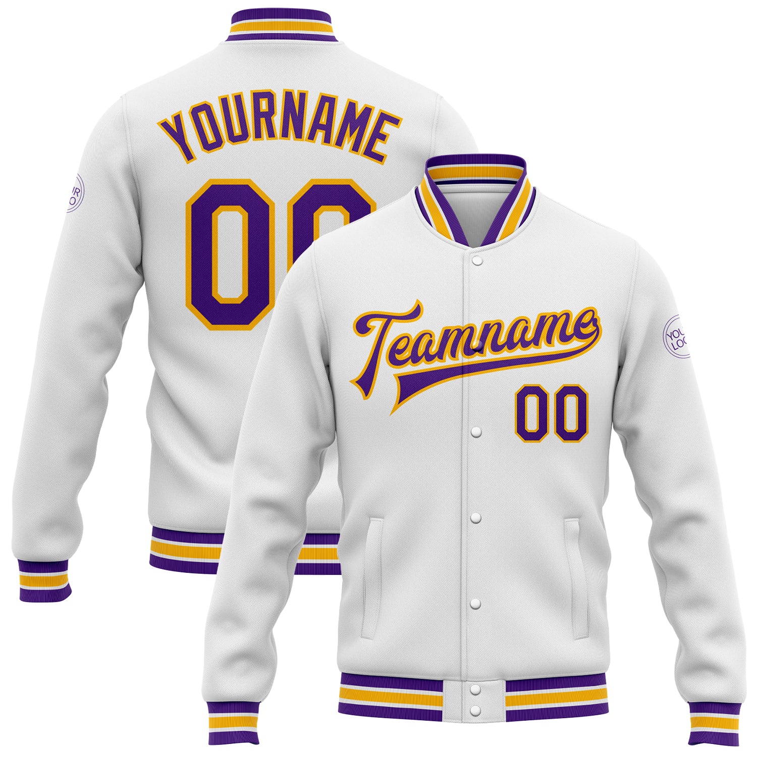 Personalized Purple Gold Varsity Letterman Bomber Jacket - Full-Snap Style Personalized White Purple-Gold Bomber Full-Snap