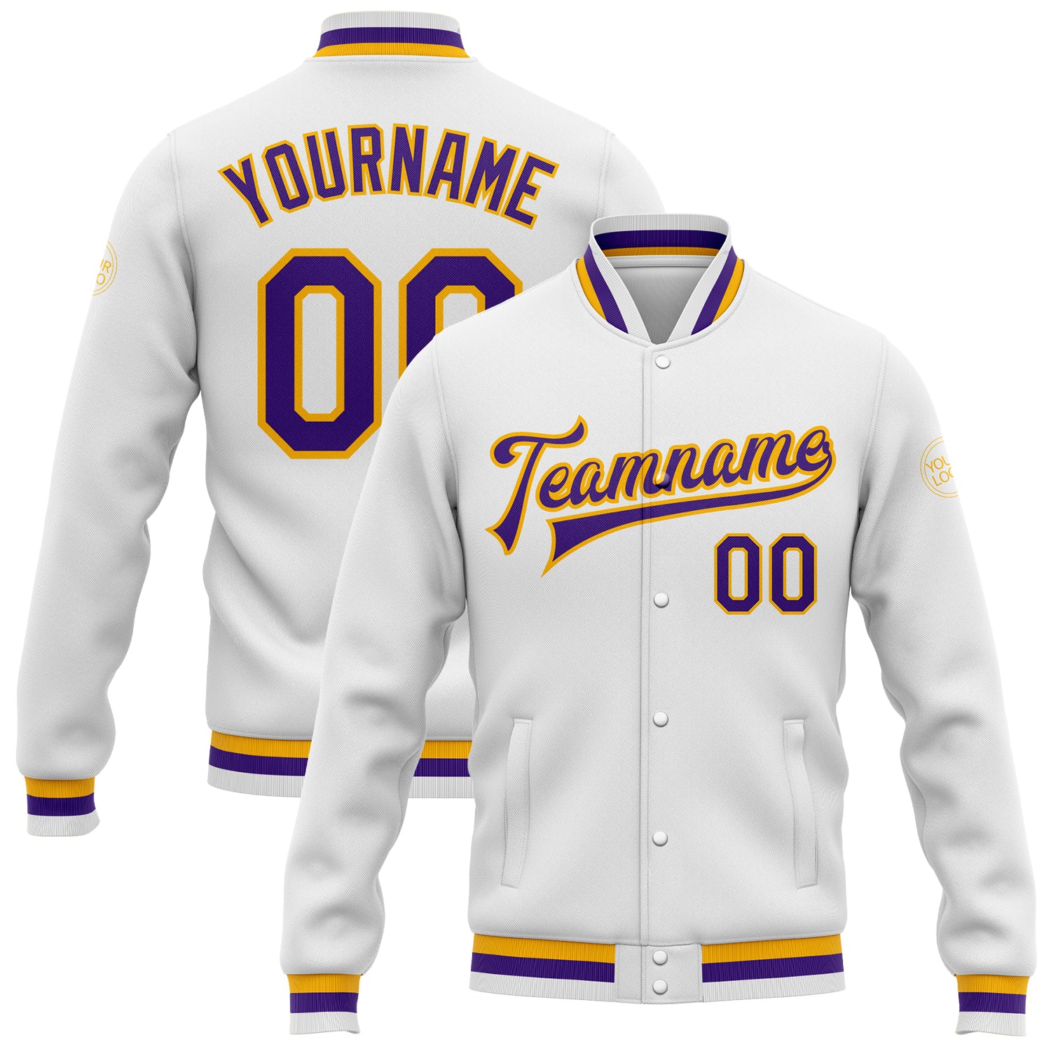 Custom Name Number Varsity Letterman Jacket White Purple Gold Bomber Full-Snap Personalized Team Gear Personalized White