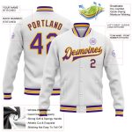 Personalized Purple Gold Varsity Letterman Bomber Jacket - Full-Snap Style Personalized White Purple-Gold Bomber Full-Snap