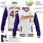 Personalized Two Tone Varsity Letterman Jacket White Purple Gold Full-Snap Bomber Personalized White Purple-Gold Bomber Full-Snap