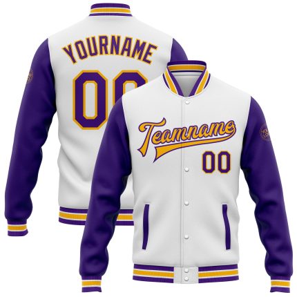 Personalized Two Tone Varsity Letterman Jacket White Purple Gold Full-Snap Bomber Personalized White Purple-Gold Bomber Full-Snap