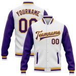 Custom Name Number Bomber Jacket - White Purple-Gold Two Tone Full-Snap Varsity Letterman Jacket Personalized White Purple-Gold