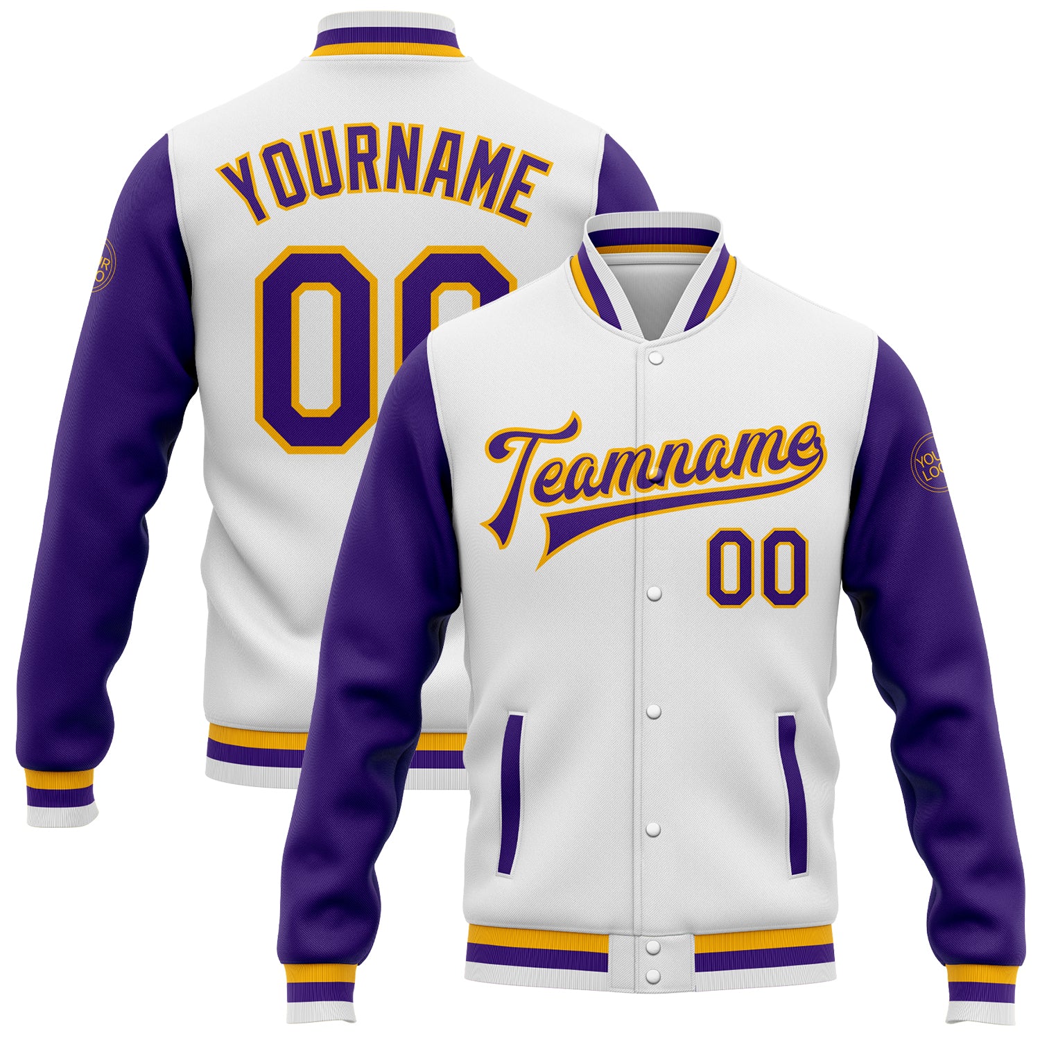 Custom Name Number Bomber Jacket - White Purple-Gold Two Tone Full-Snap Varsity Letterman Jacket Personalized White Purple-Gold