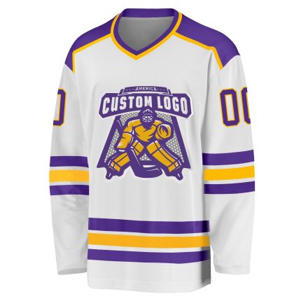 Personalized Purple Gold Hockey Jersey - Customizable Team Sports Apparel Personalized White Purple-Gold Hockey Jersey