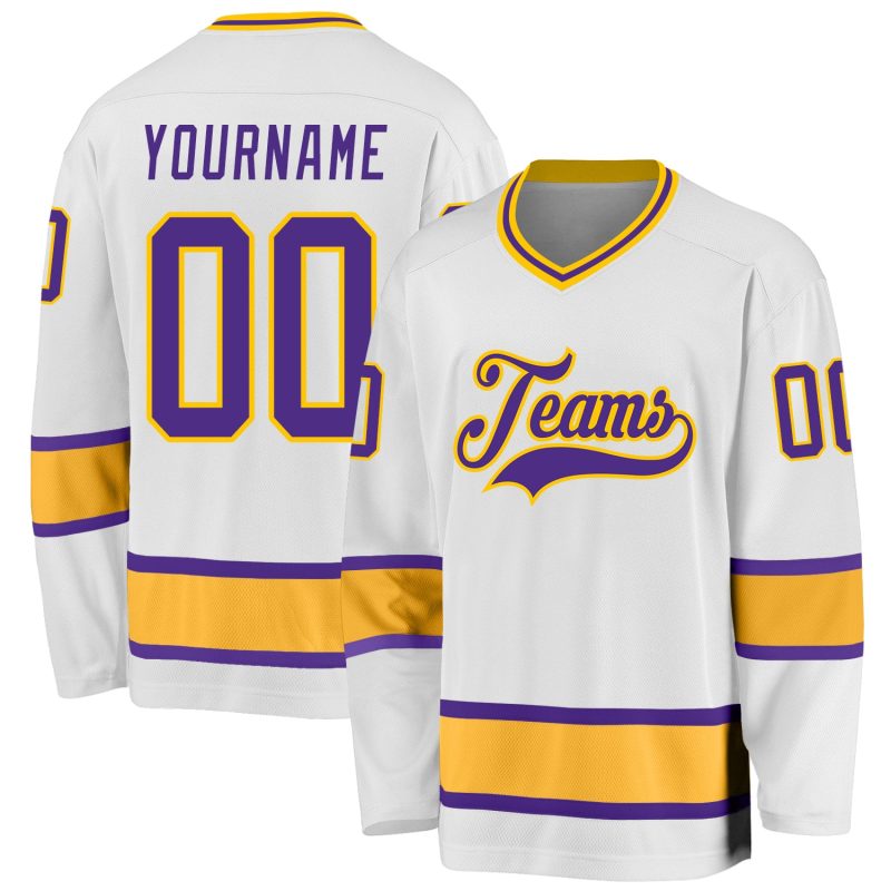 Custom Name Number Purple Gold Hockey Jersey Personalized Team Apparel Personalized White Purple-Gold Hockey Jersey Team