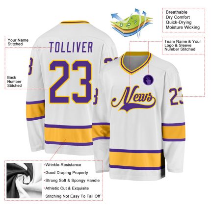 Custom Name Number Purple Gold Hockey Jersey Personalized Team Apparel Personalized White Purple-Gold Hockey Jersey Team