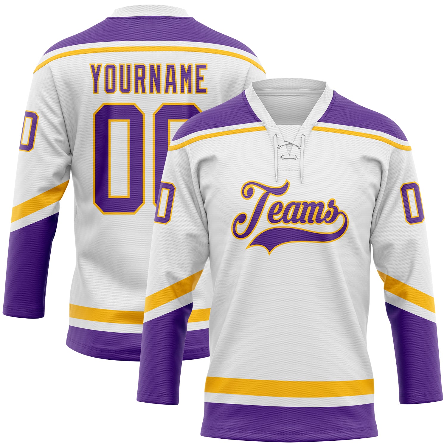 Custom Name Number Personalized White Purple Gold Hockey Jersey Lace Neck Personalized White Purple-Gold Hockey Lace Neck