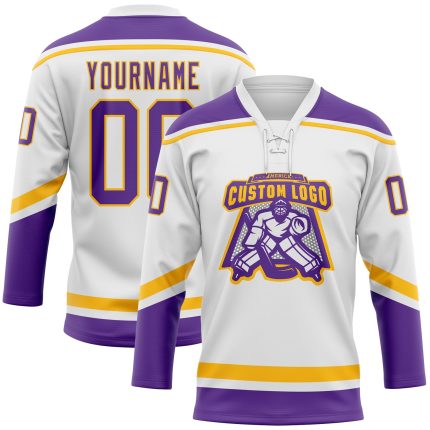Custom Name Number Personalized White Purple Gold Hockey Jersey Lace Neck Personalized White Purple-Gold Hockey Lace Neck