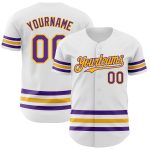 Custom Name and Number Authentic Baseball Jersey in White Purple Gold Line - Personalized Team Gear Personalized White Purple-Gold