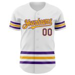 Custom Name and Number Authentic Baseball Jersey in White Purple Gold Line - Personalized Team Gear Personalized White Purple-Gold