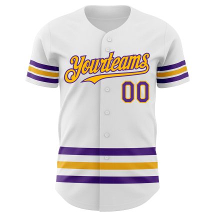 Custom Name and Number Authentic Baseball Jersey in White Purple Gold Line - Personalized Team Gear Personalized White Purple-Gold
