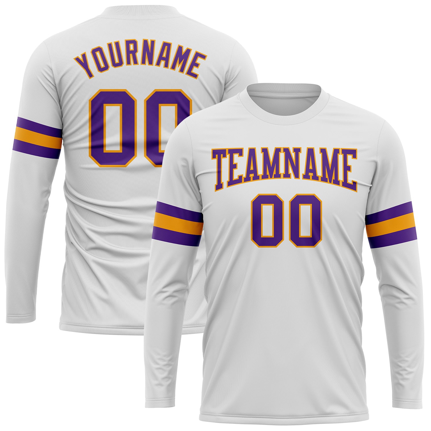 Custom Team Name Number Long Sleeve Performance T-Shirt - Personalized White Purple Gold Design Personalized White Purple-Gold