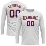 Custom Team Name Number Long Sleeve Performance T-Shirt - Personalized White Purple Gold Design Personalized White Purple-Gold