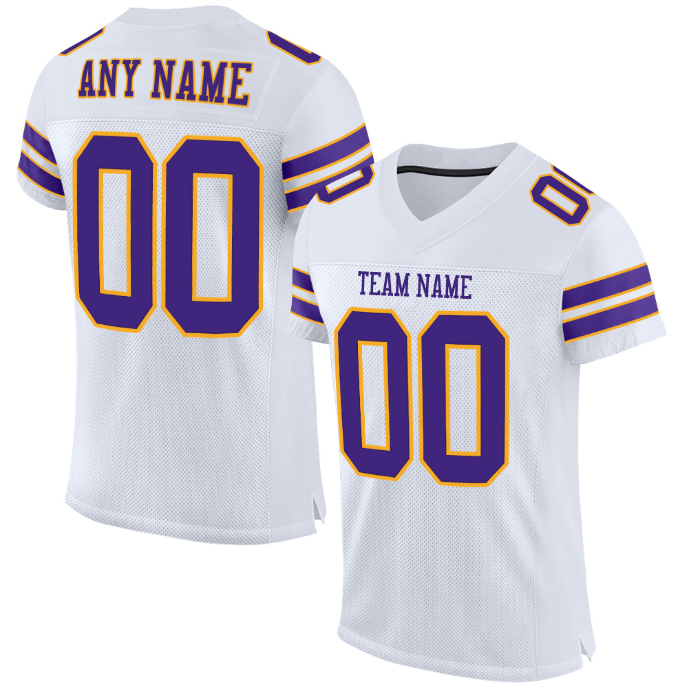 Personalized Football Jersey - Authentic White Purple Gold Mesh Design Personalized White Purple-Gold Mesh Authentic Football
